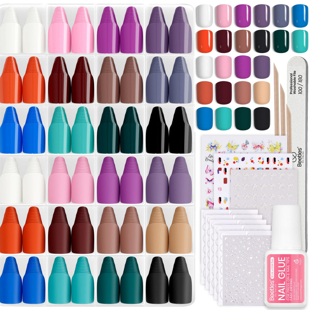 Beetles Gel Polish press-on nails kit display in 24 colors for quick, at-home manicures.