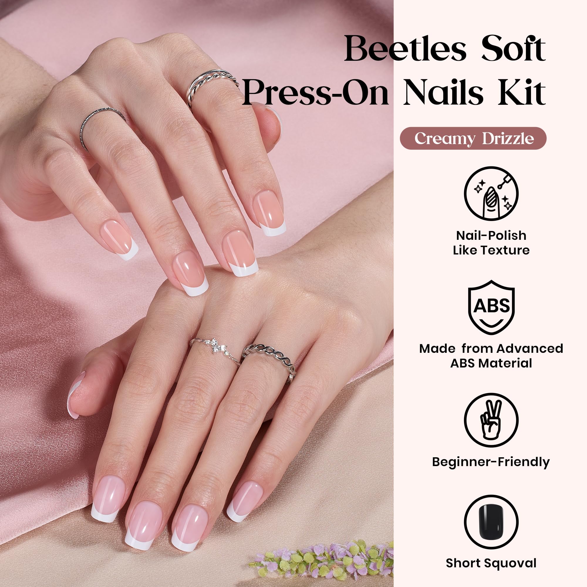 Beetles Press On Nails Kit Creamy Drizzle closeup highlights lightweight ABS nails for long-lasting wear.