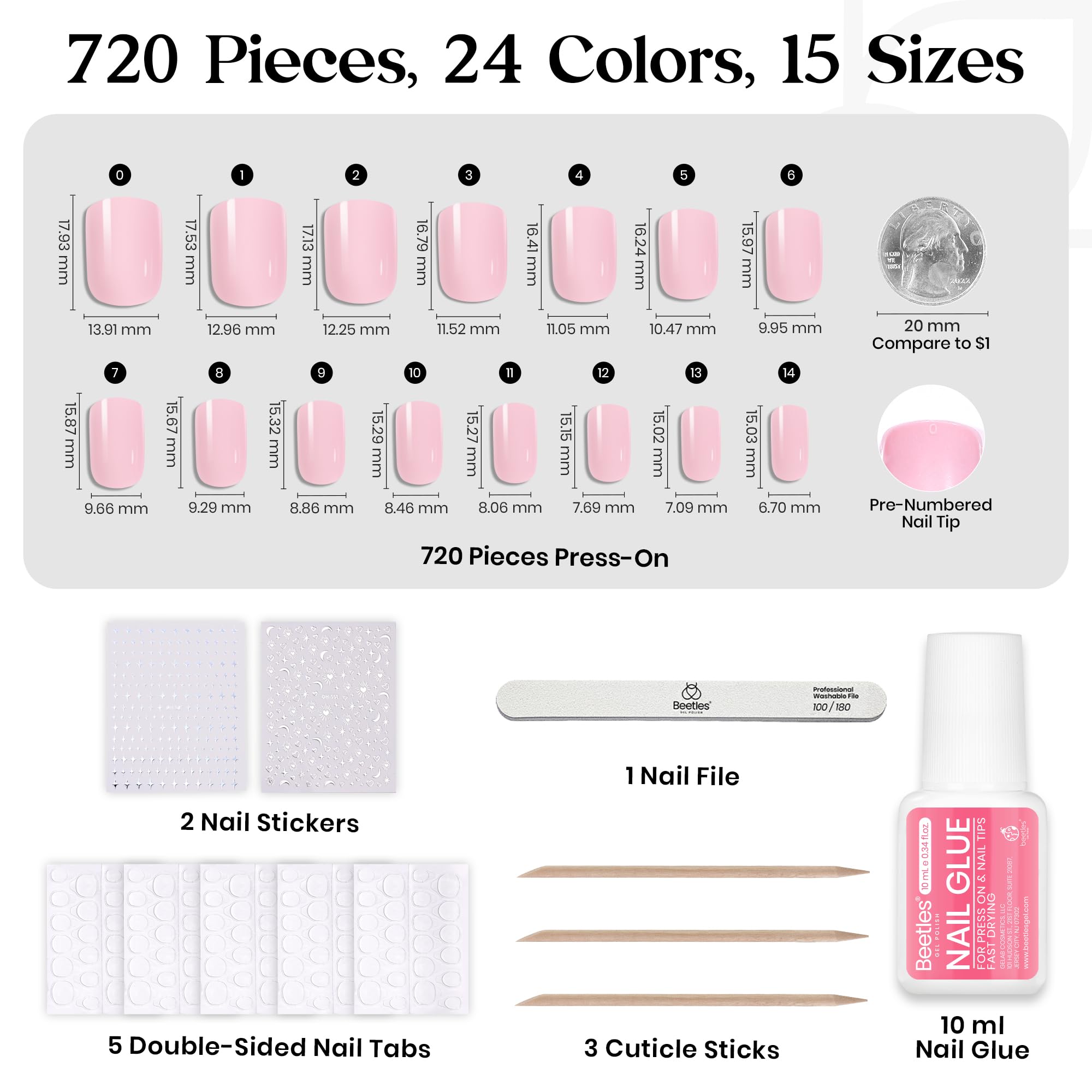 Beetles Press On Nails Kit 10ml glue for secure adhesion.