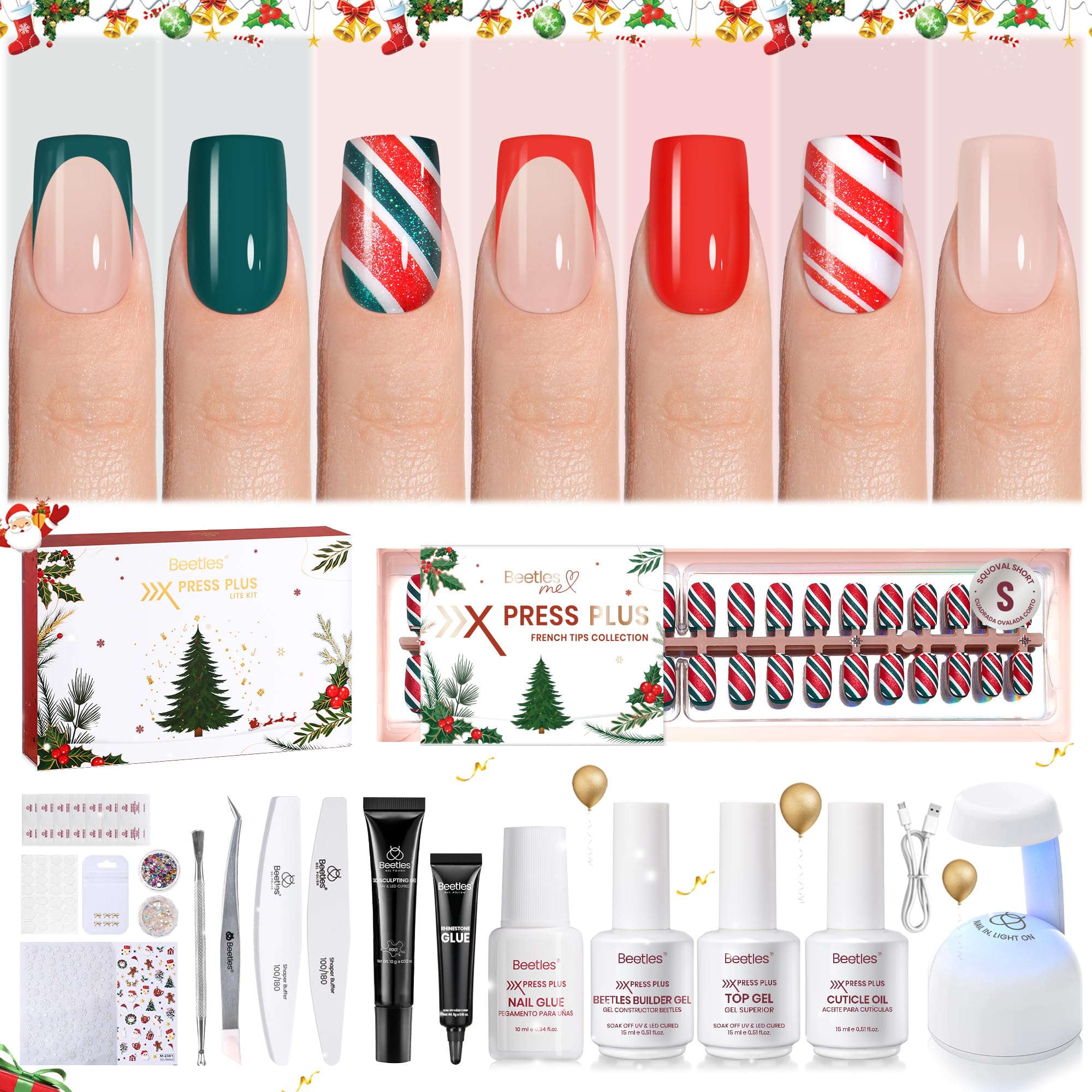 Beetles X Press Plus kit unboxing scene highlights all-in-one contents for quick holiday nails.