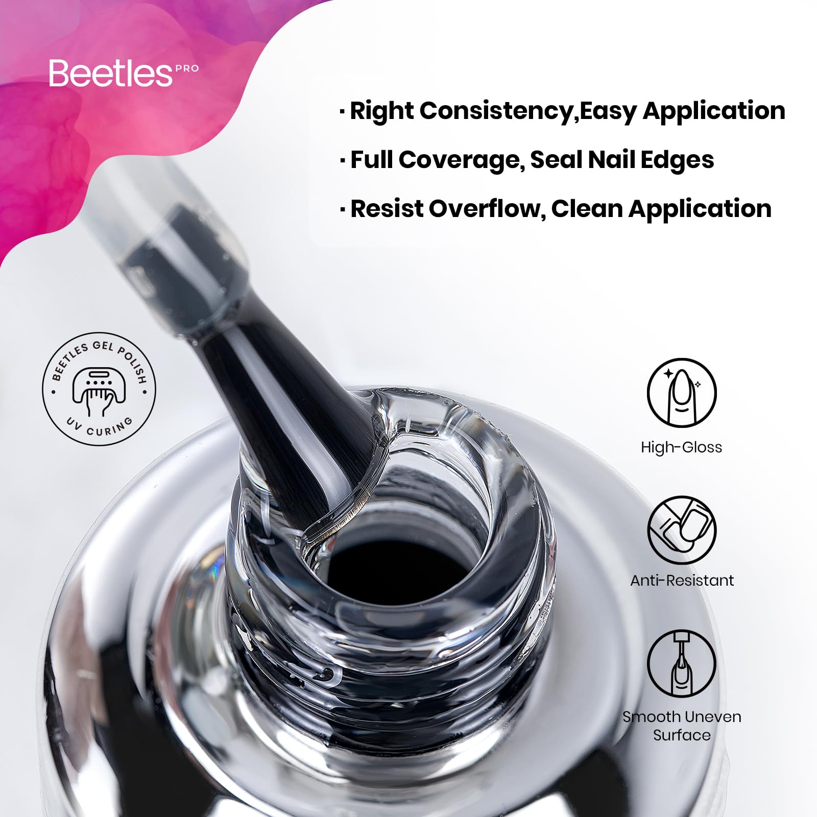 Beetles Pro Gel Top Coat resists yellowing to maintain crystal clarity.