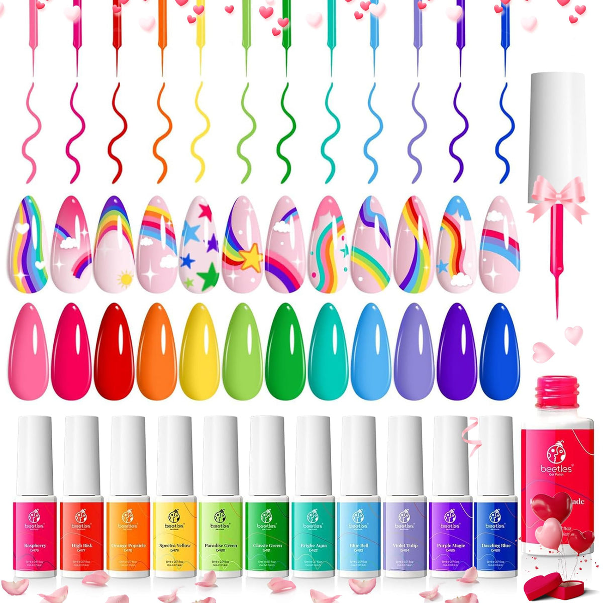Beetles Rainbow Gel Liner Set built-in brushes for precise lines and details.