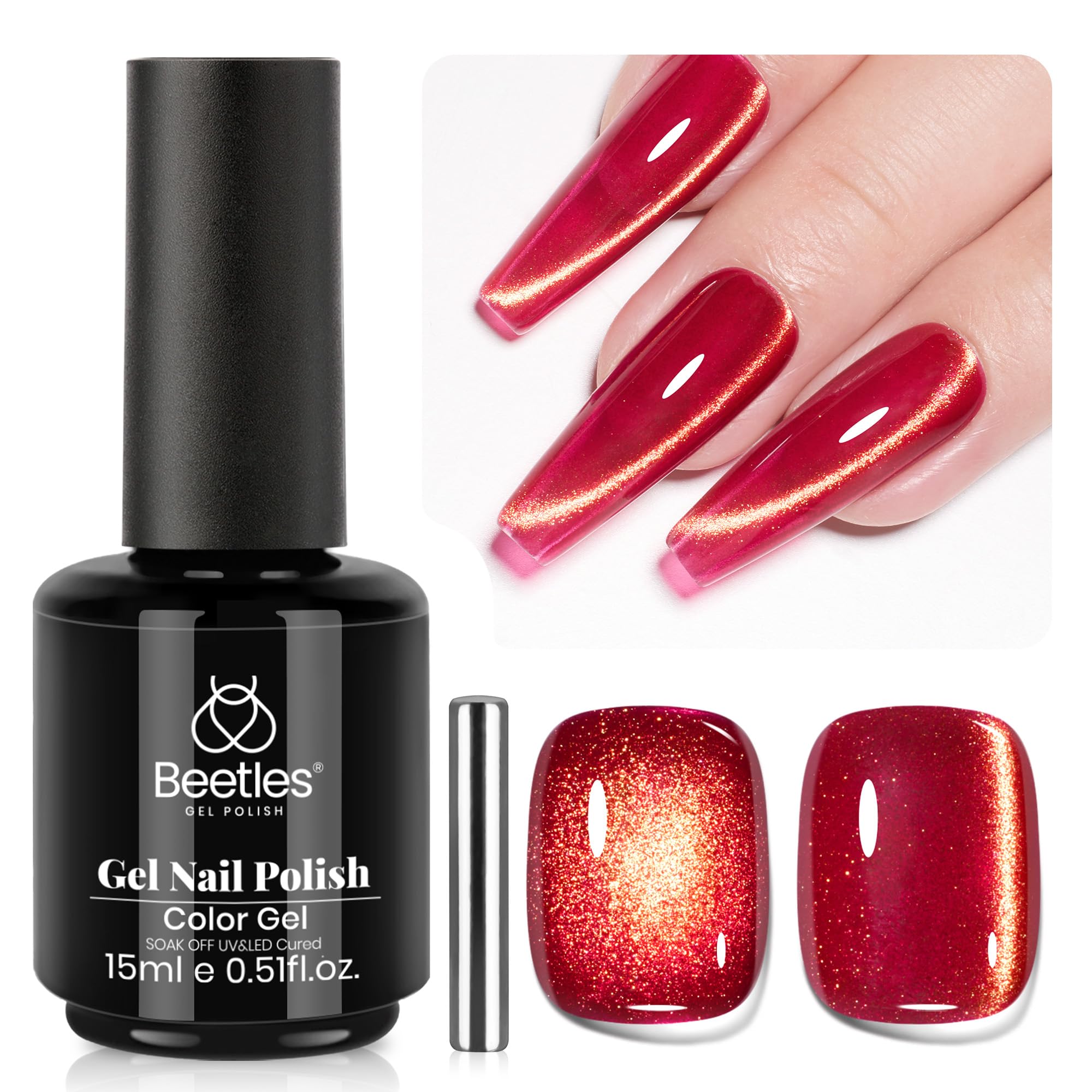 Beetles Red Cat Eye gel polish 15ml with magnetic shimmer for versatile mani.