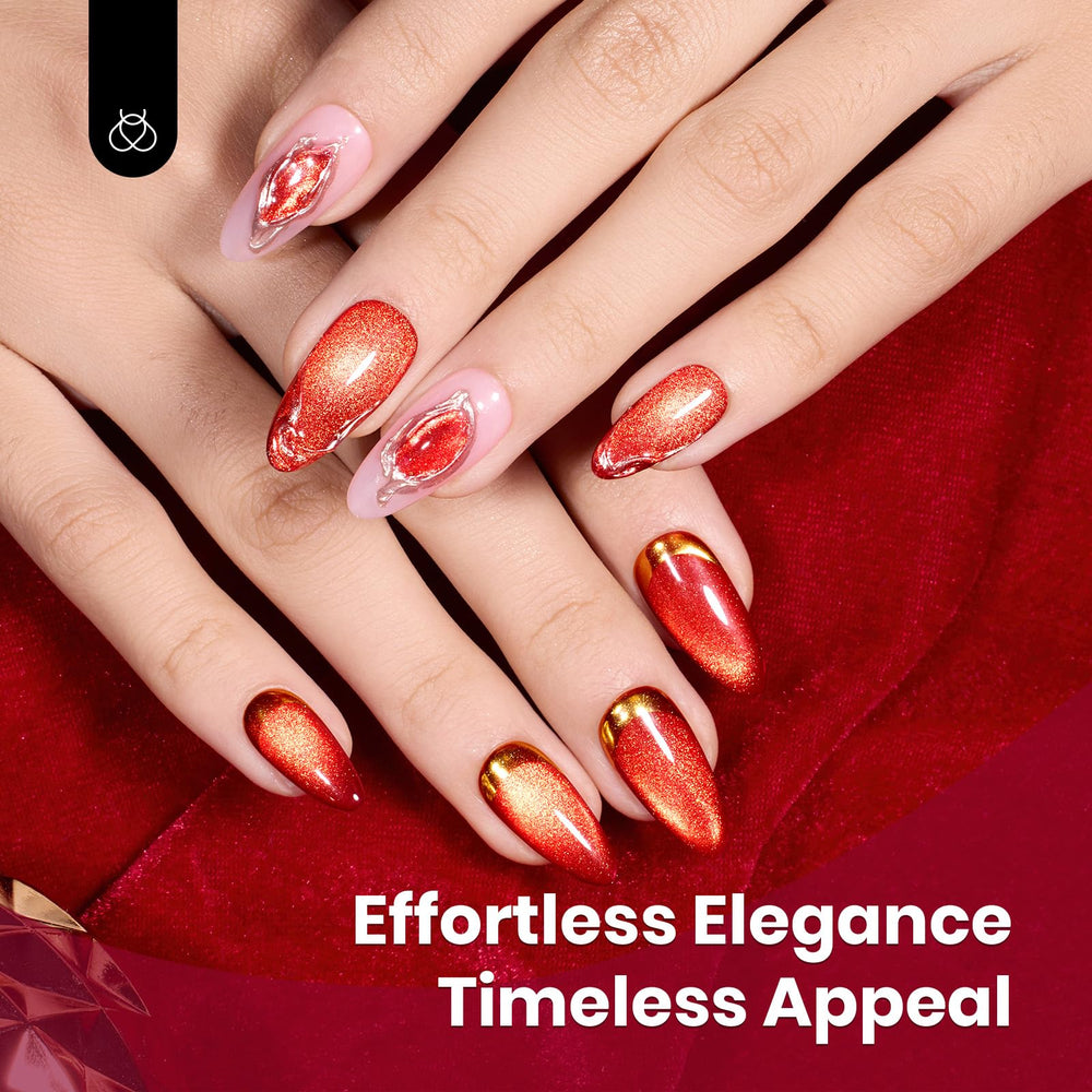 Beetles red cat eye gel with gold powder adds luxe sparkle.