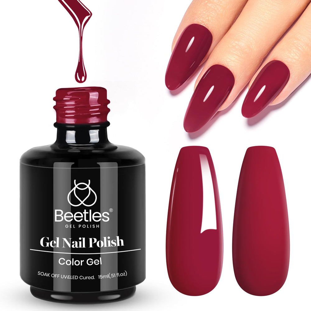 Beetles Red Gel Nail Polish bottle swatch showing rich wine red shade for festive nails.