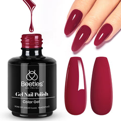 Beetles Red Gel Nail Polish bottle swatch showing rich wine red shade for festive nails.