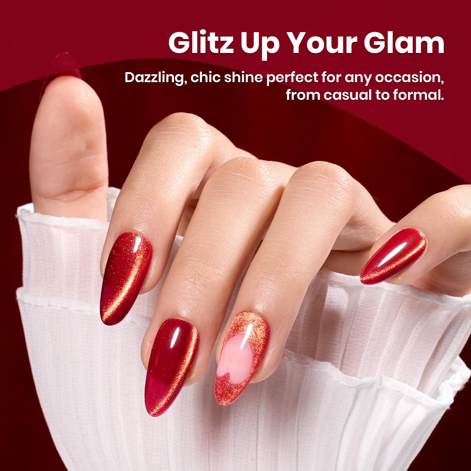 Beetles red gel polish under UV/LED light for durable, glossy finish.
