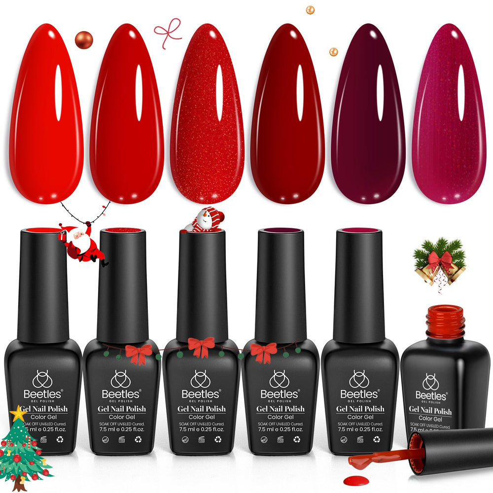 Beetles Red Gel Polish Set shows six shades for stylish holiday nails