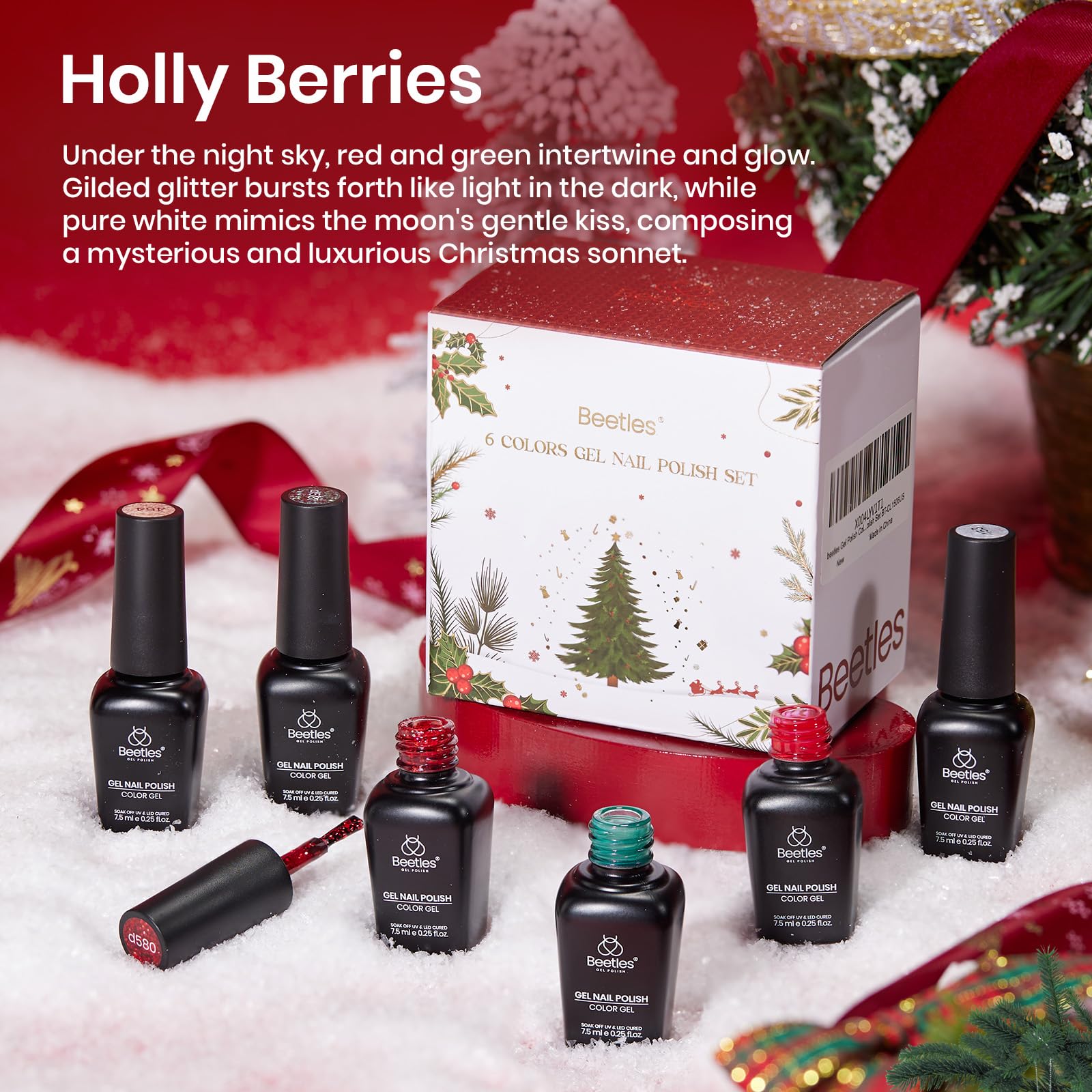 Beetles red and green glitter shades swatches for festive nail art.