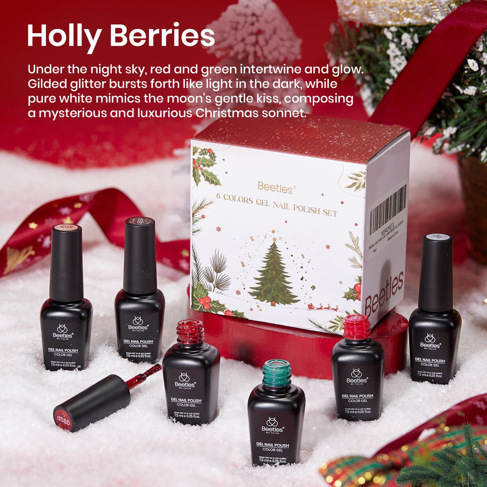 Beetles red and green glitter shades swatches for festive nail art.