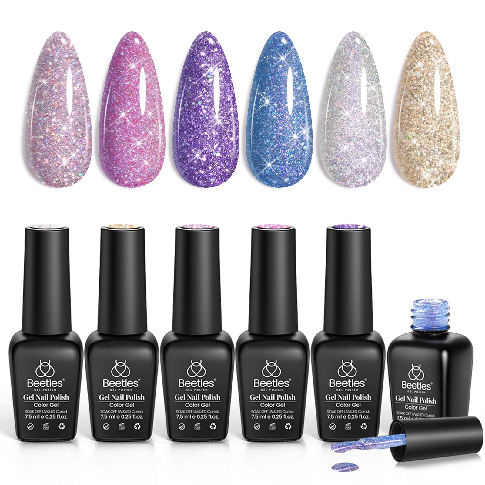 Beetles Reflective Glitter Gel Polish kit shows six bottles with holographic sparkle for festive nails.