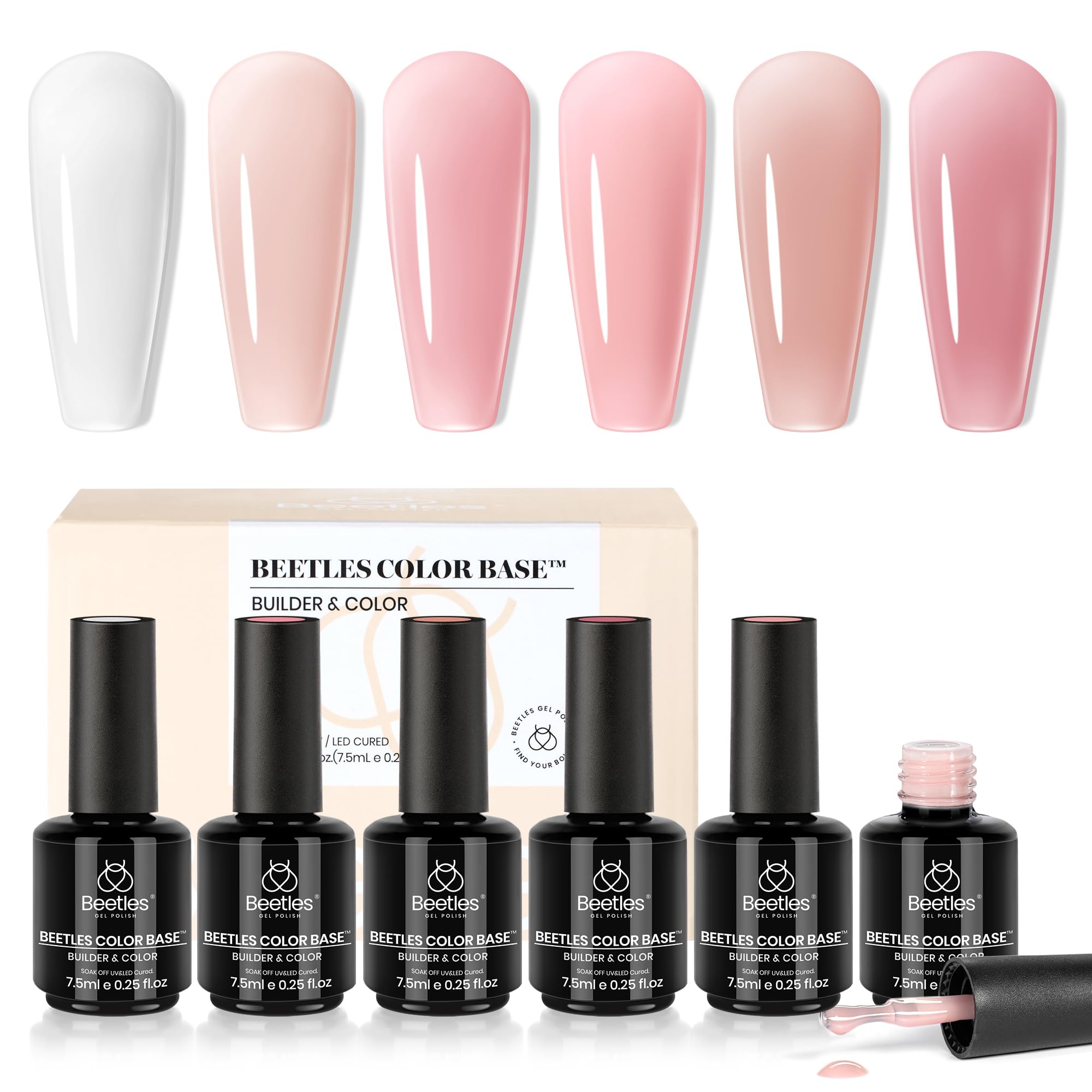 Beetles Rubber Base Builder 6-shade nude set for natural nails and daily wear.