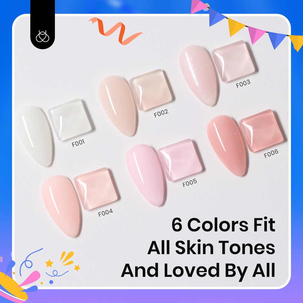 Beetles swatches display nude-pink-glitter shades ideal for seamless builds.