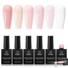 Beetles rubber base gel set shows white nude pink glitter shades for versatile nails.