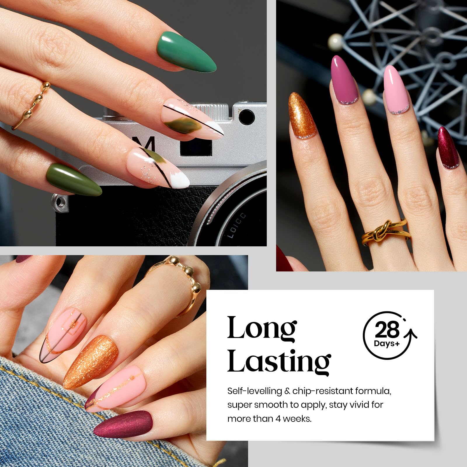 Beetles shade range includes nude pink gray red gold green brown blue glitter for versatile looks.