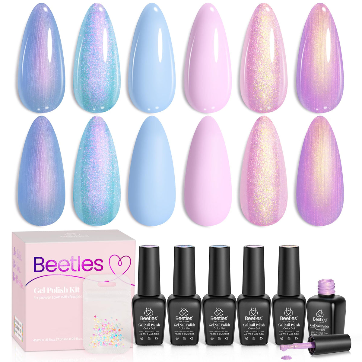 Beetles Shimmer Glitter Gel Nail Polish Set swatches show pearl finish for lasting shine