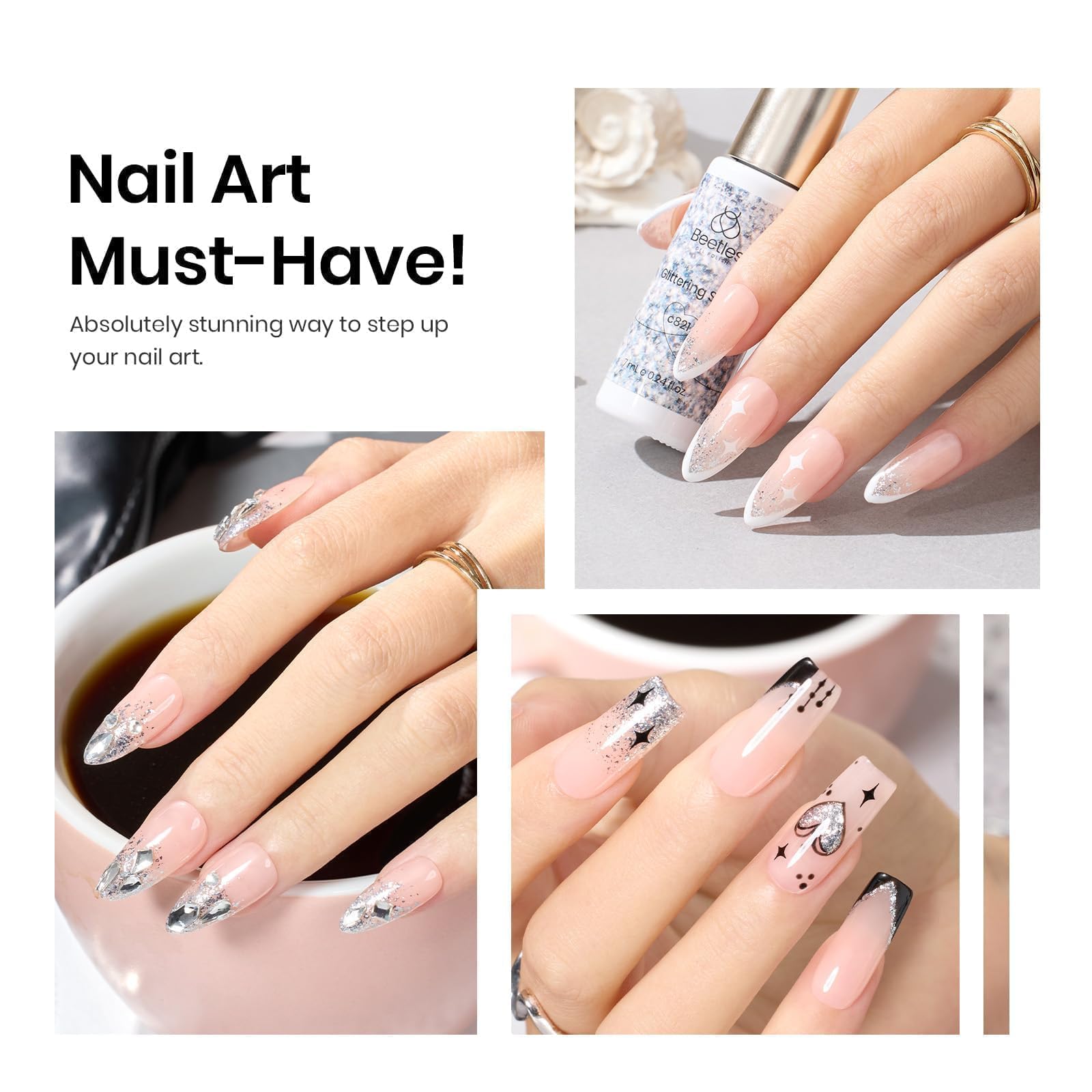 Beetles silver french tips nail art with reflective liner effect