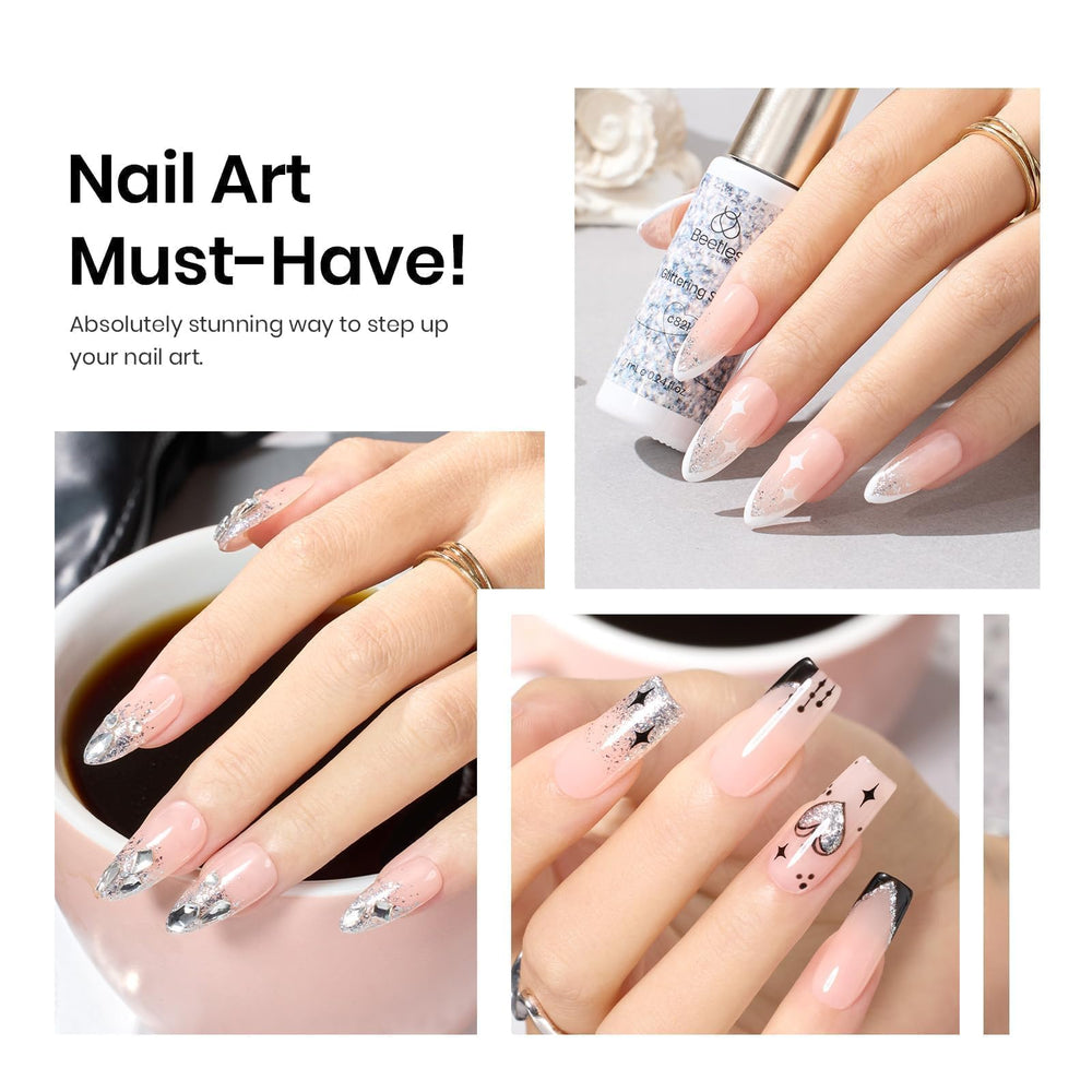 Beetles silver french tips nail art with reflective liner effect