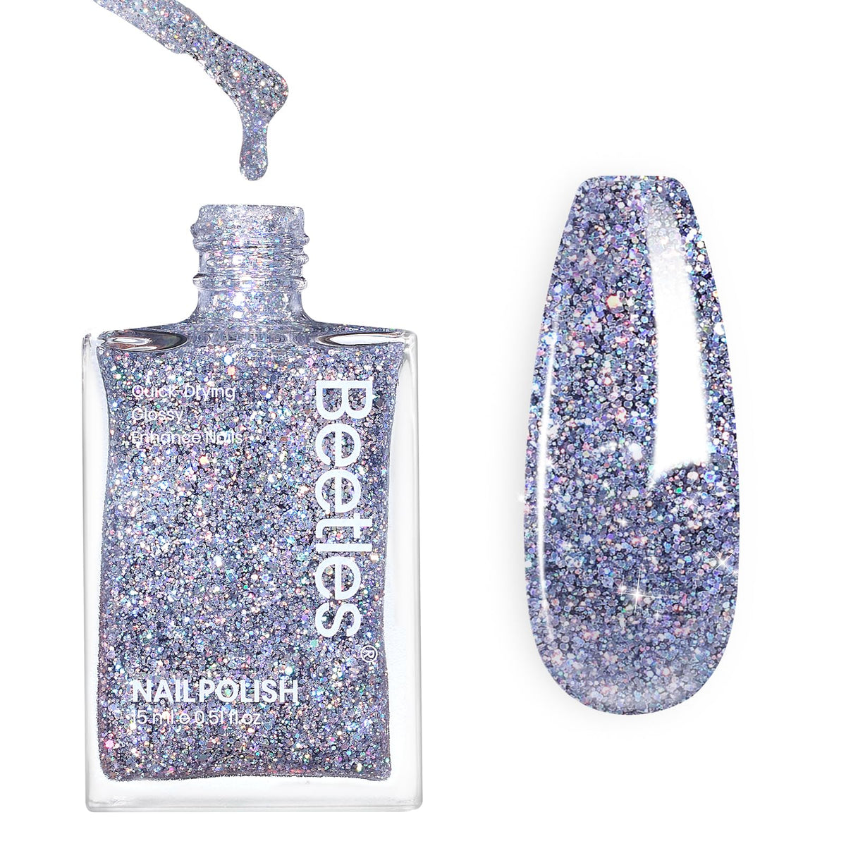 Beetles Gel Polish silver glitter bottle shows quick-dry, salon-ready sparkle