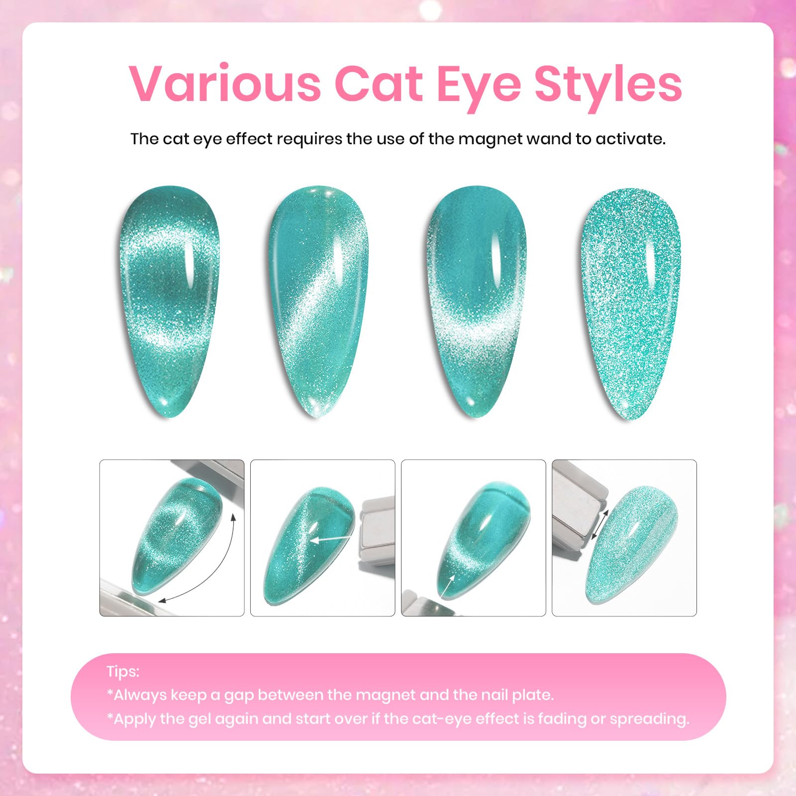 Beetles magnet tool demonstrates cat-eye nail art with magnetic pull.