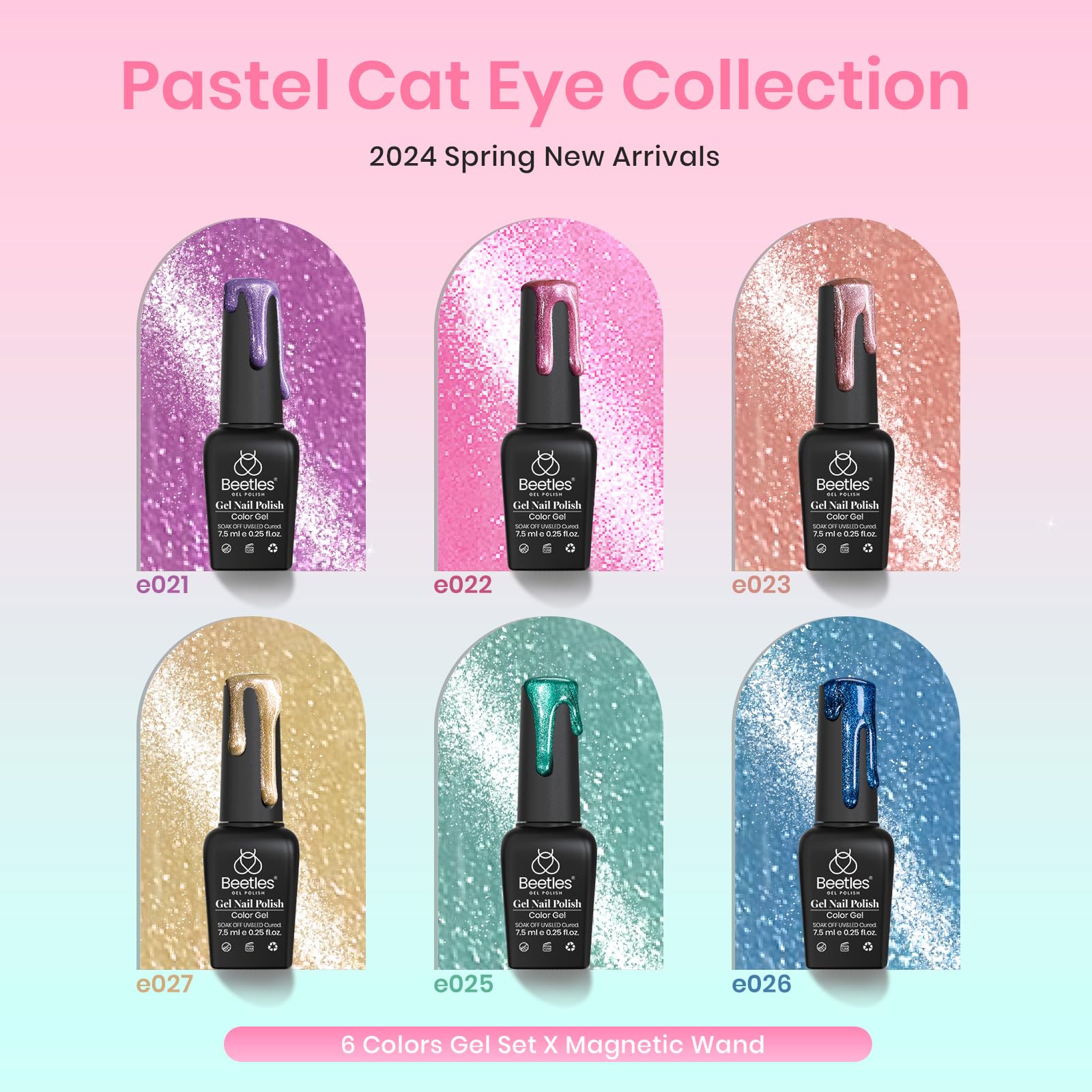 Beetles gel polish set six colors with labels for easy selection.