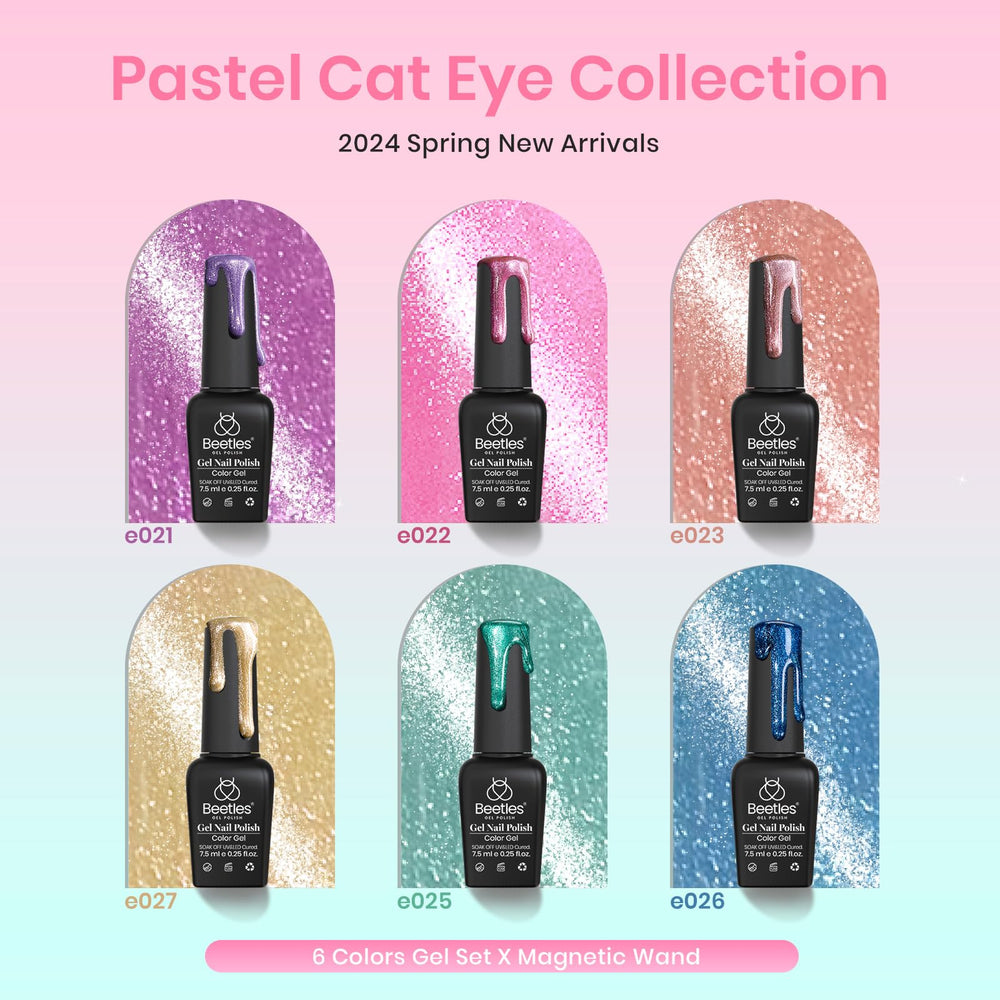 Beetles gel polish set six colors with labels for easy selection.