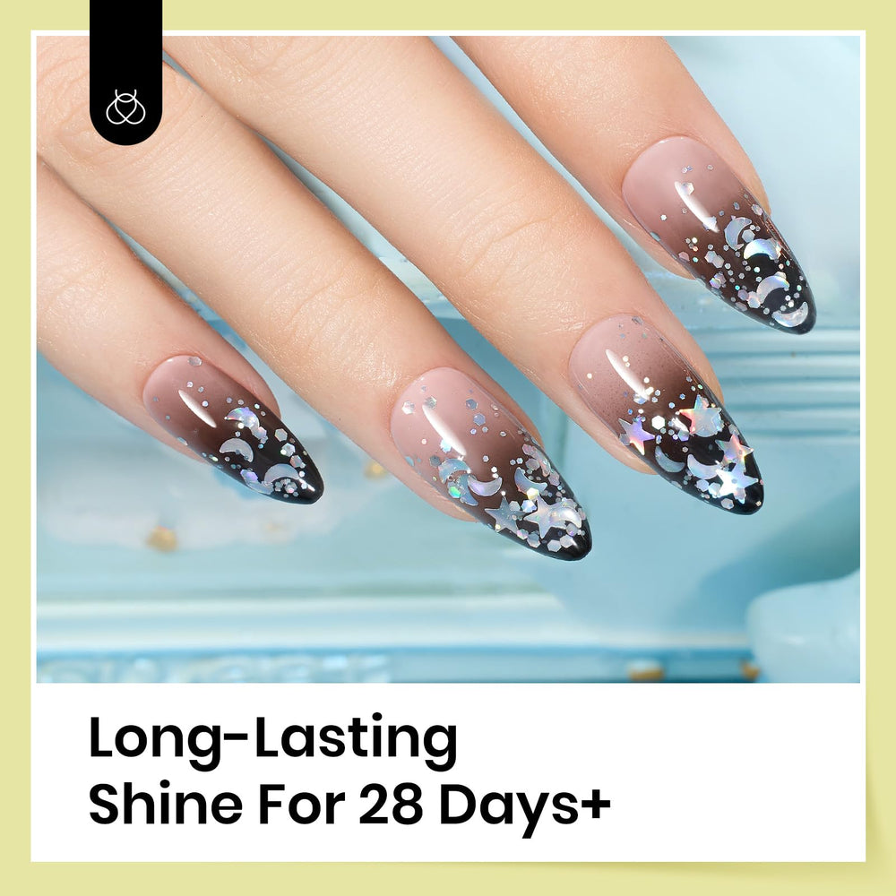 Beetles Stars Moon Halo glitter top coat accentuates manicure