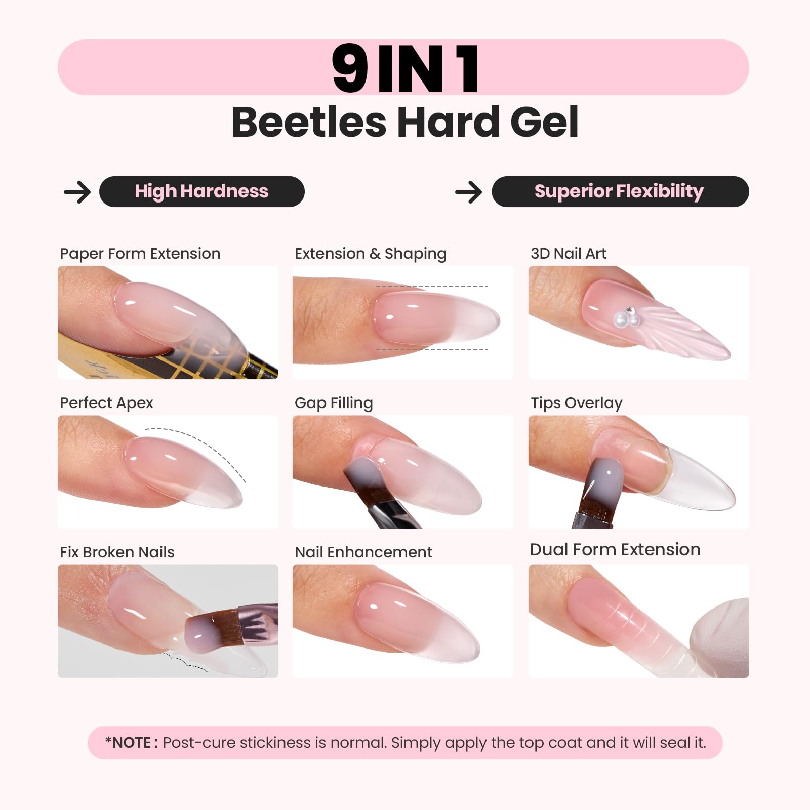 Beetles HEMA-Free Hard Gel dual-form-sculpting enables precise apex and natural curve.