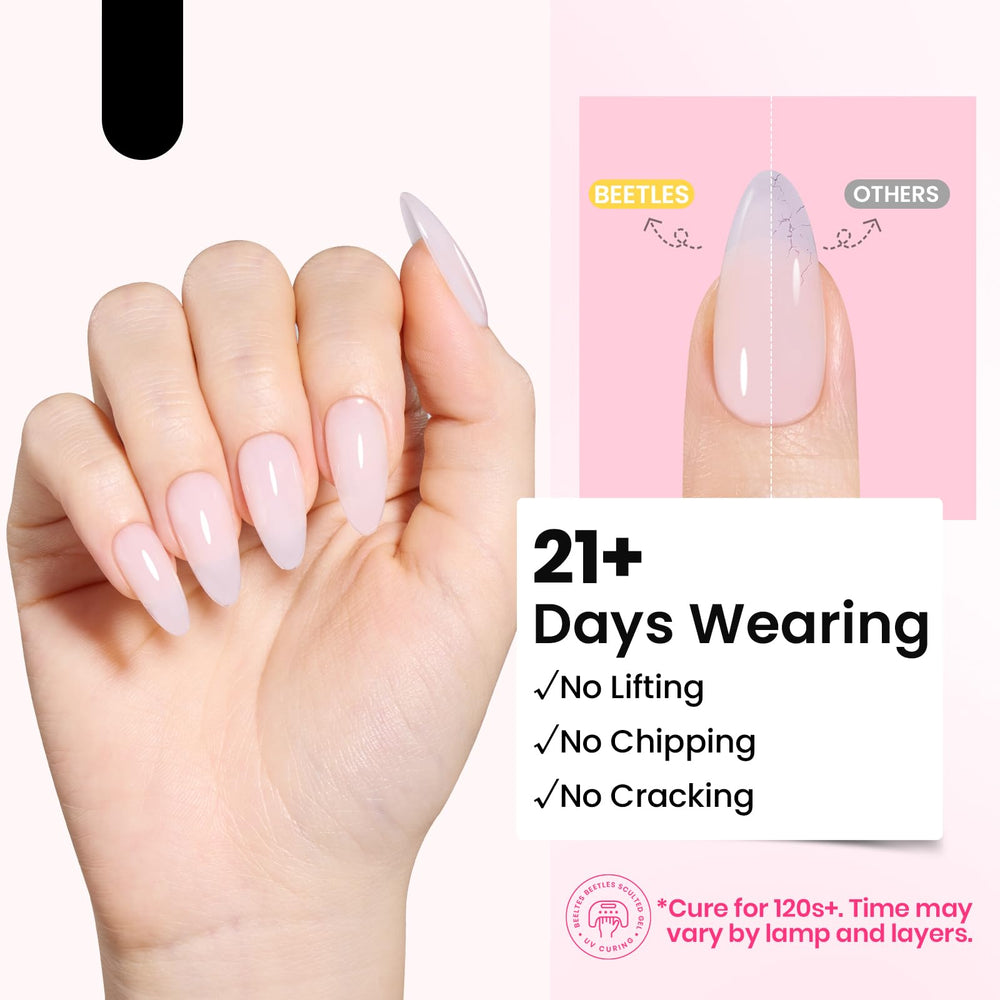 Beetles HEMA-Free Hard Gel surface-smoothing-clear aids natural nails with a smooth transparent finish.