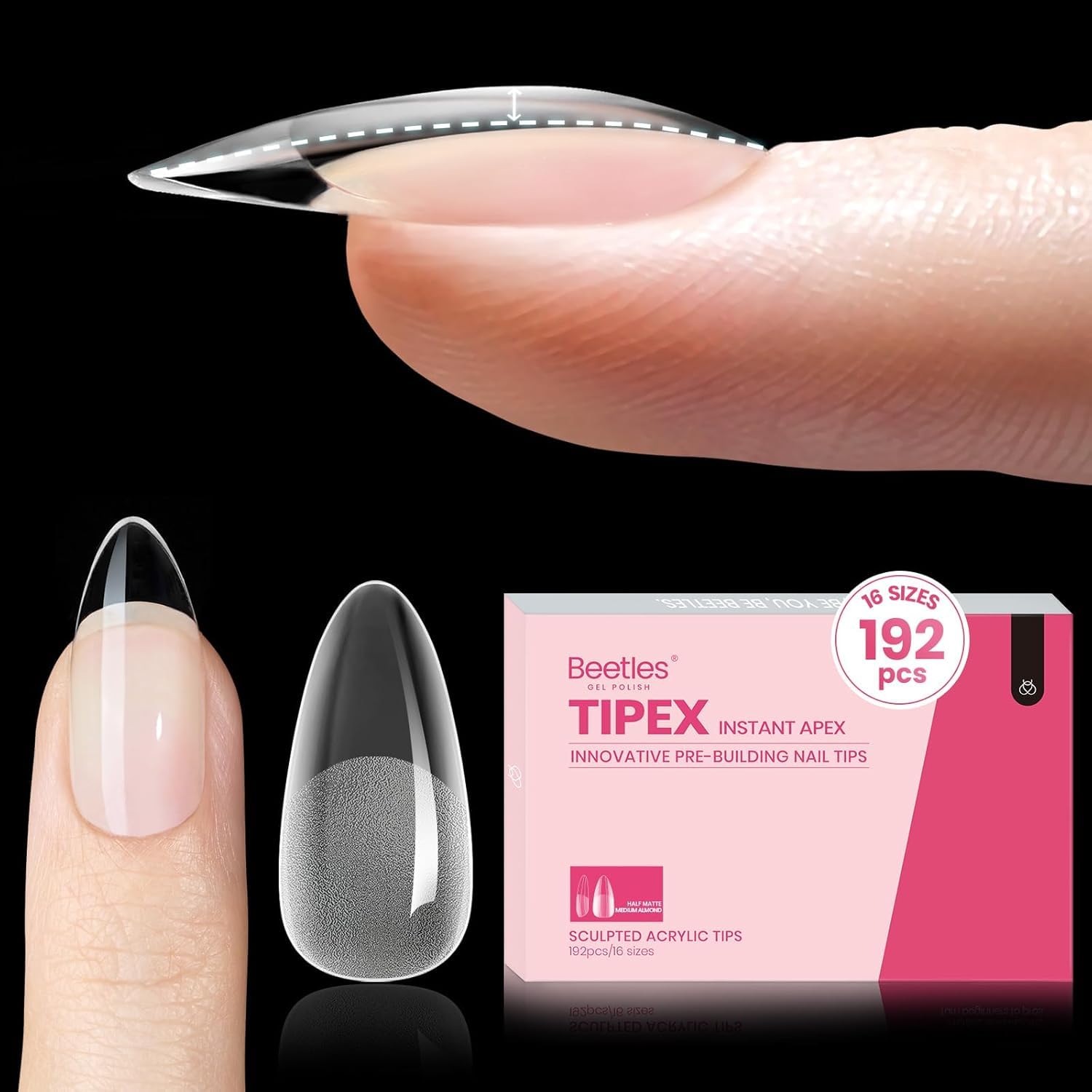 Beetles Tipex Almond Medium nail tips ready for precise sculpting and professional results.