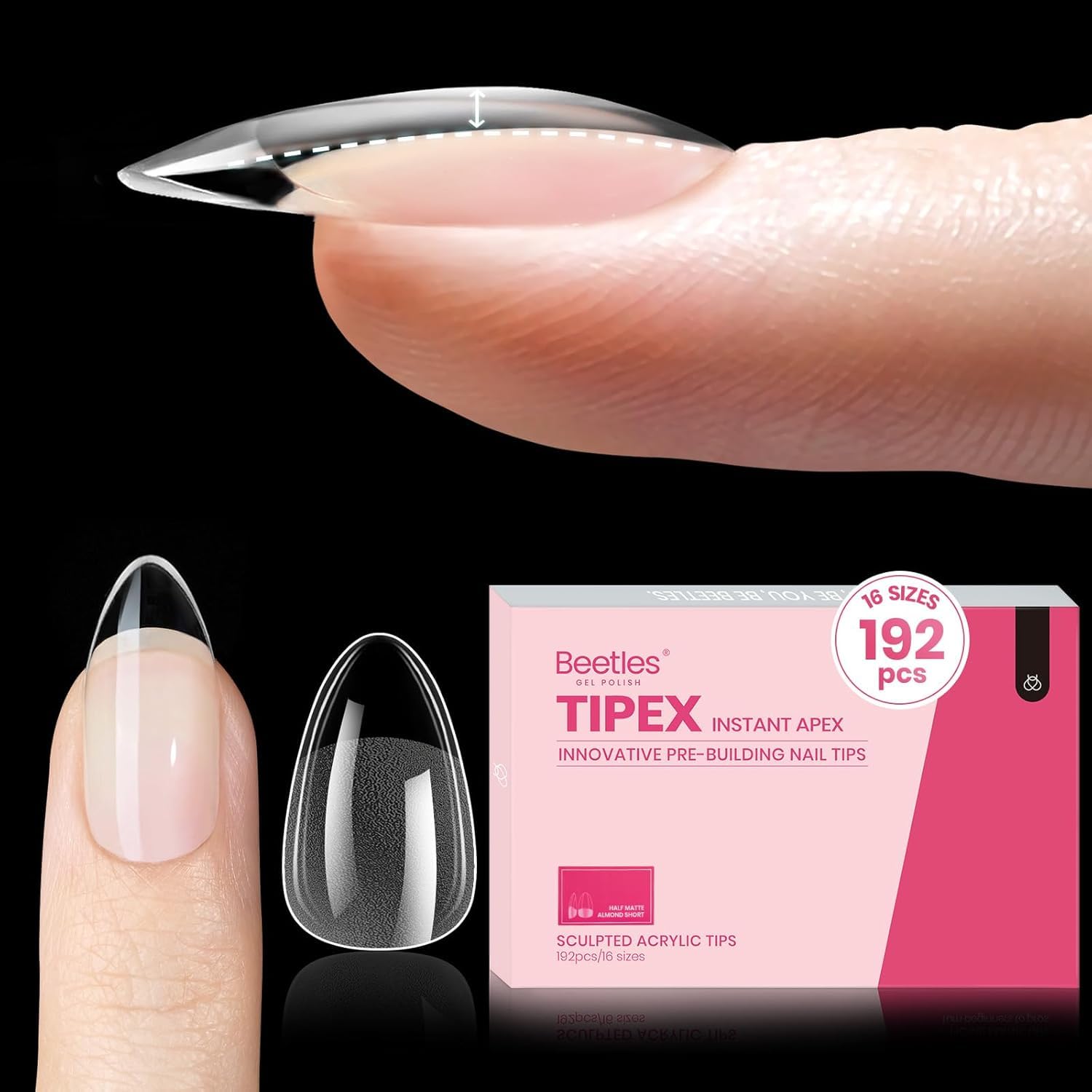 Beetles Tipex almond short nail tip close-up showing pre-etched apex for strong hold