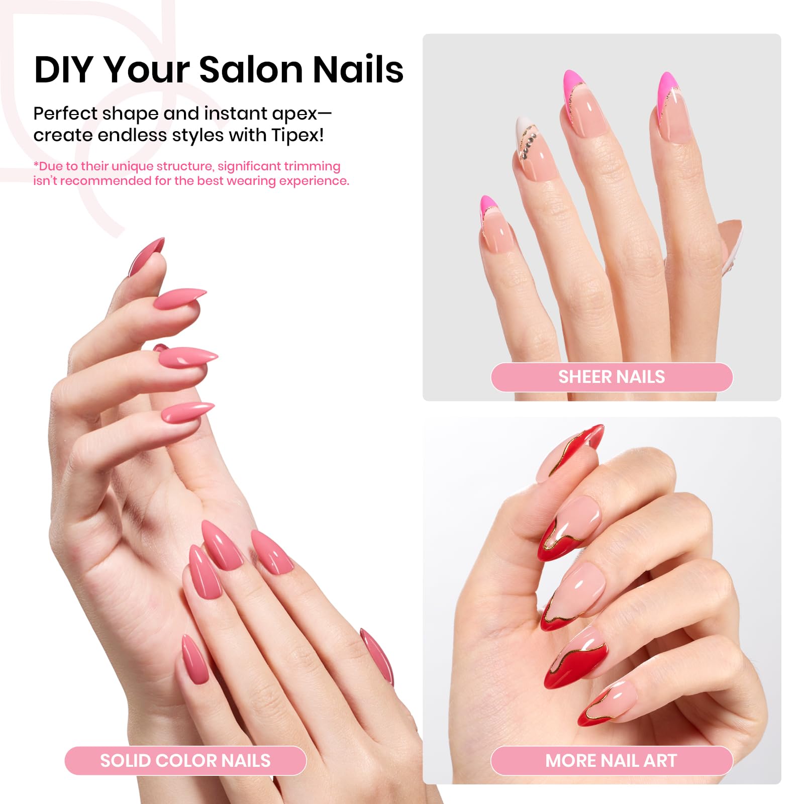 Beetles Tipex full-cover almond nail tips provide seamless coverage and shape.