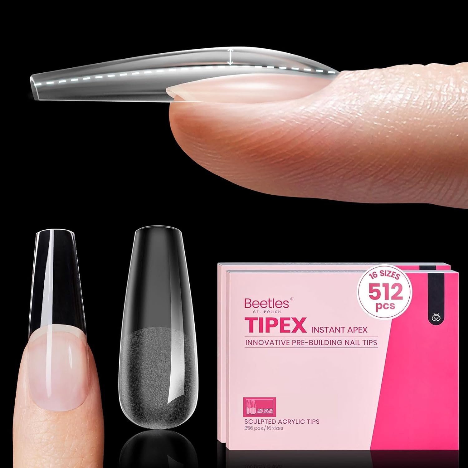 Beetles Tipex instant apex long coffin tips for strong full-coverage nails.