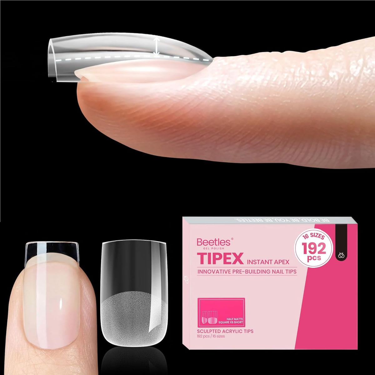 Beetles Tipex instant apex nail tips packaging for fast, pro-level manicures.