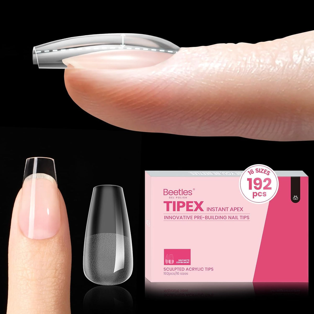 Beetles Tipex Instant Apex tips with built-in apex for stronger hold.