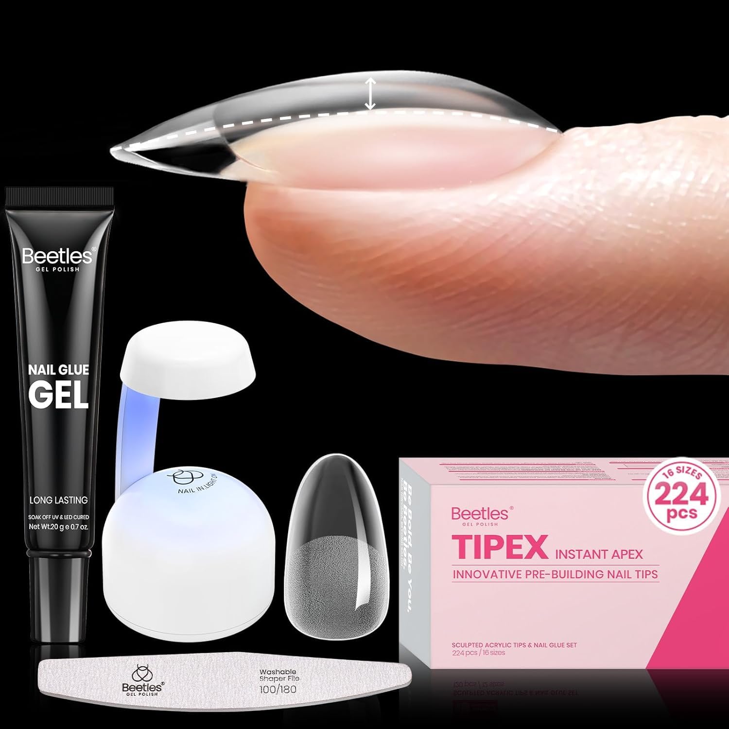 Beetles Tipex instant apex nail tips kit 224pcs close-up shows thicker apex for lasting wear