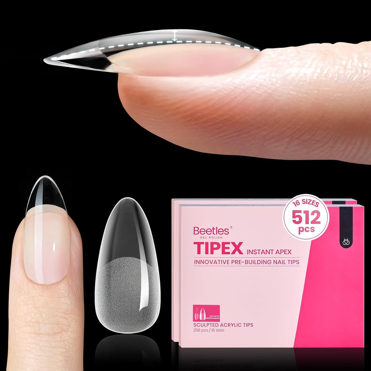 Beetles Tipex instant apex nail tips with medium almond shape for quick, durable nail builds.