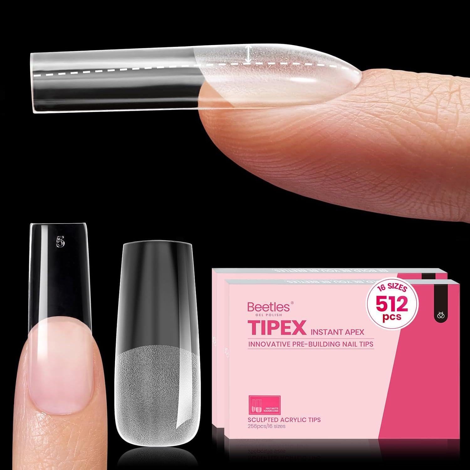 Beetles Tipex Instant Apex nail tips in square long shape for strong full-cover extensions.