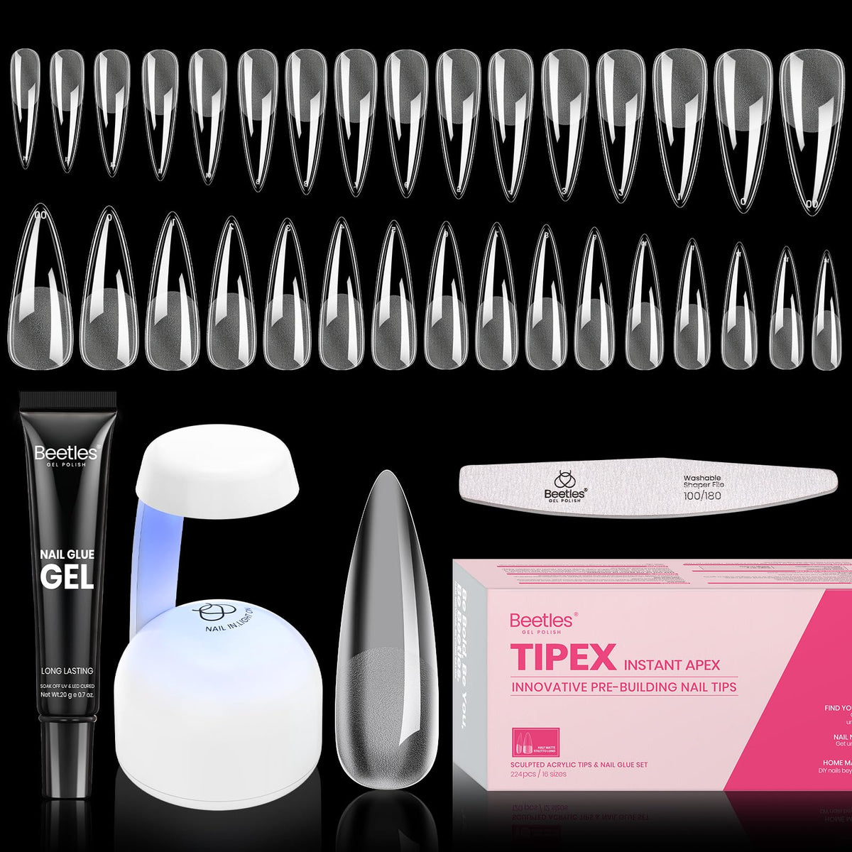 Beetles Tipex instant apex nail tips stiletto long for strong salon-like extensions.