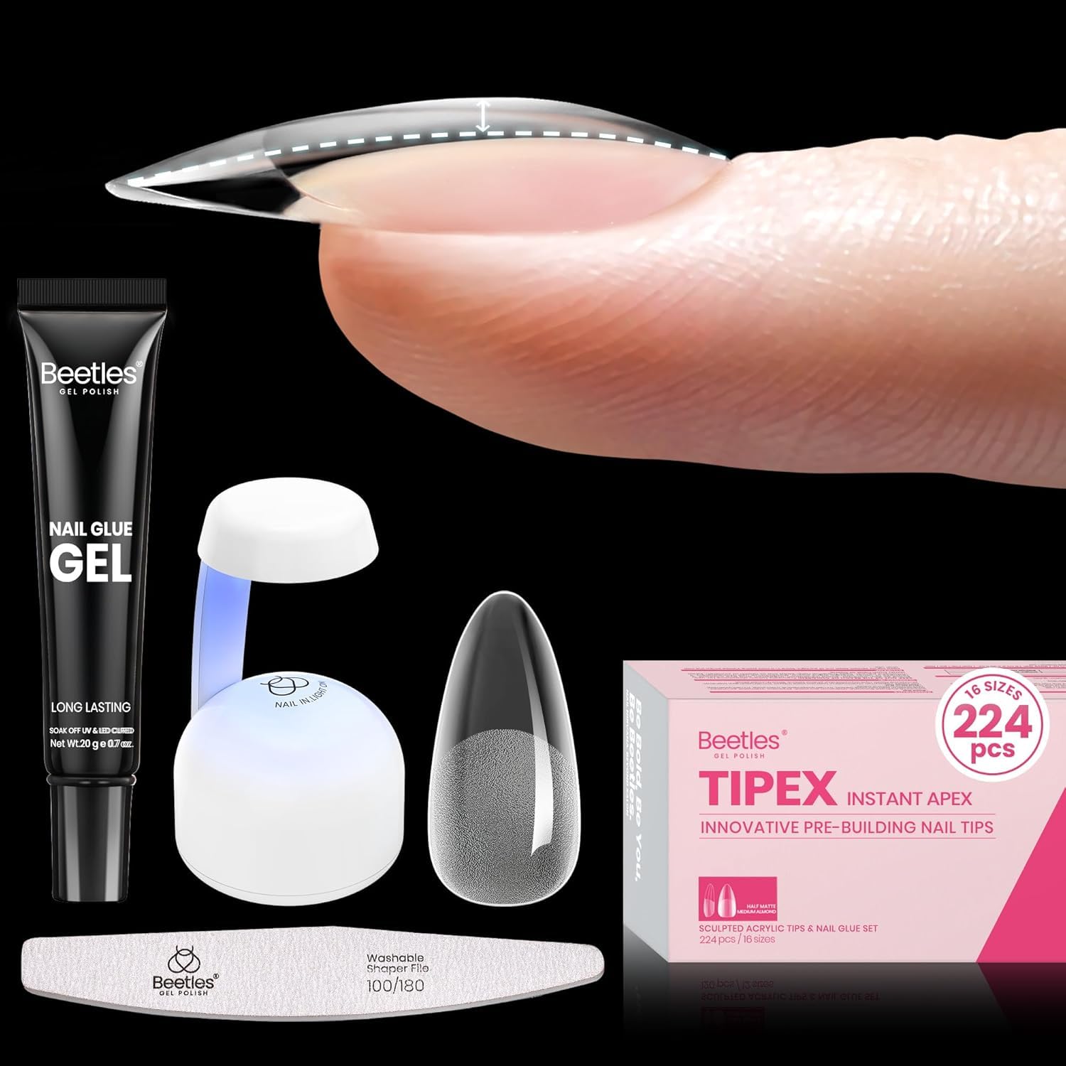 Beetles Tipex kit 224 tips in 16 sizes for precise almond extensions