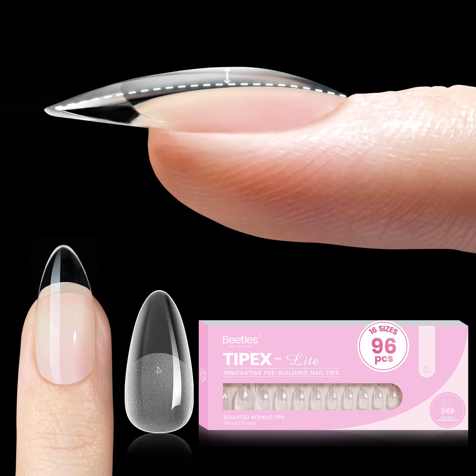 Beetles Tipex Lite almond medium nail tips show natural fit for quick, seamless manicures
