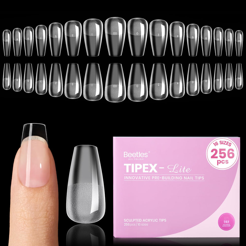Beetles Tipex Lite coffin-short tips in 16 sizes for a natural fit.