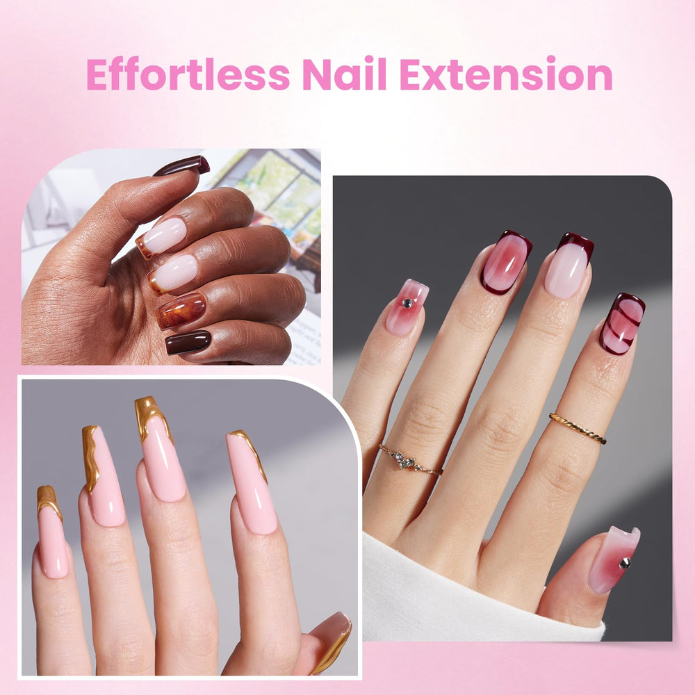 Beetles Tipex Lite base and top coats shown for long-lasting, glossy nail extensions.