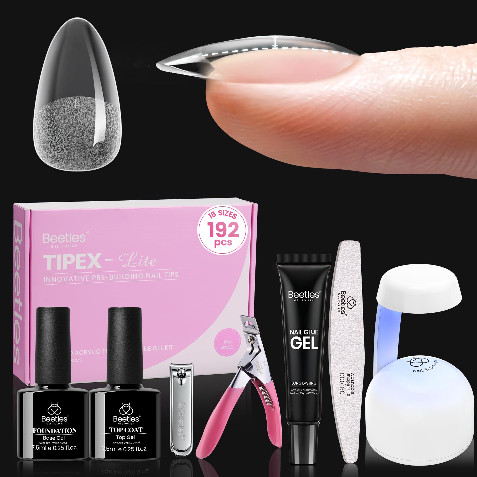 Beetles Tipex Lite Apex Nail Tips Kit box view shows complete home manicure set.
