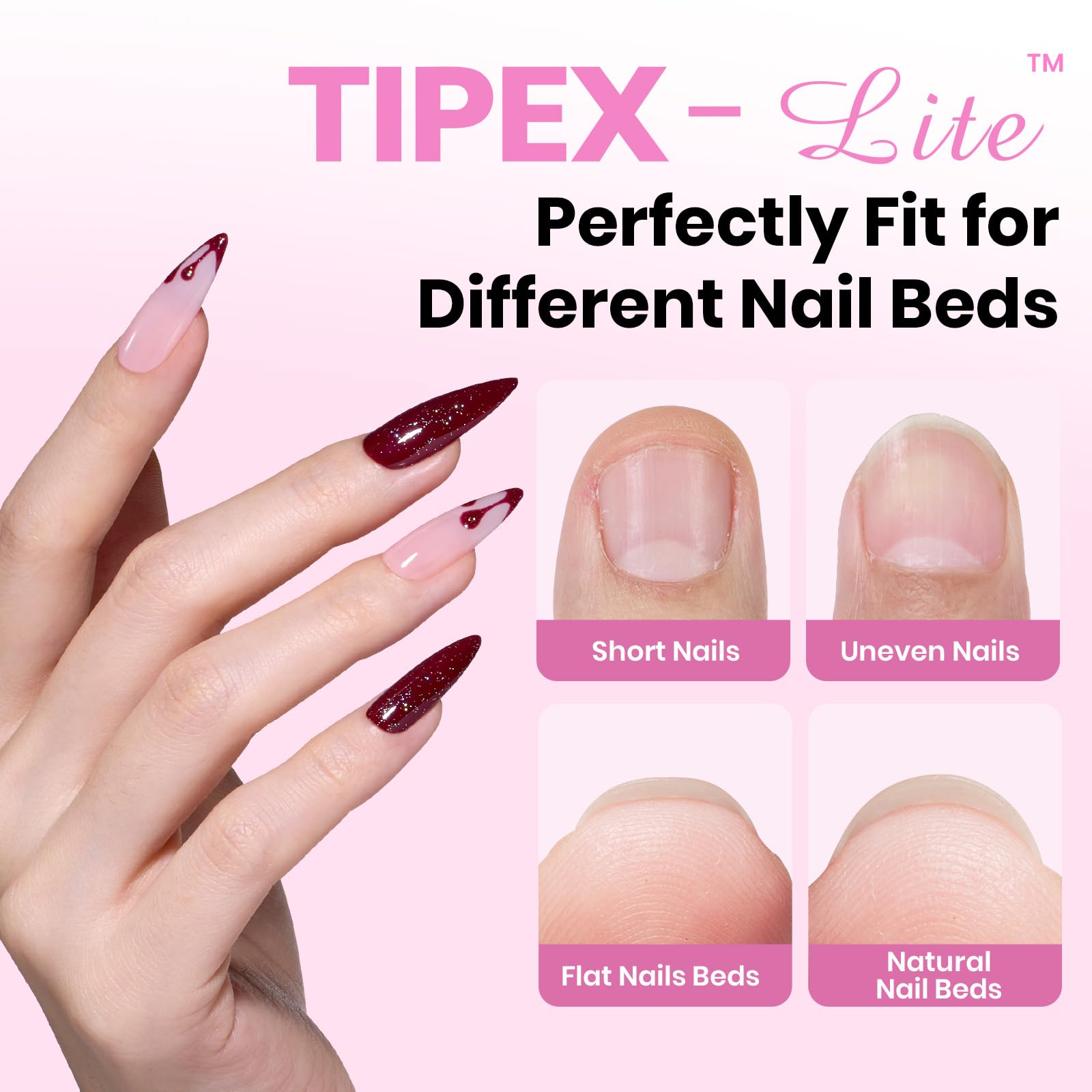 Beetles Tipex Lite stiletto medium tips blend with natural nails for elegant finish.