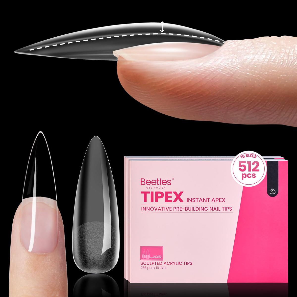 Beetles Tipex long-stiletto nail tips with apex for durable extensions.