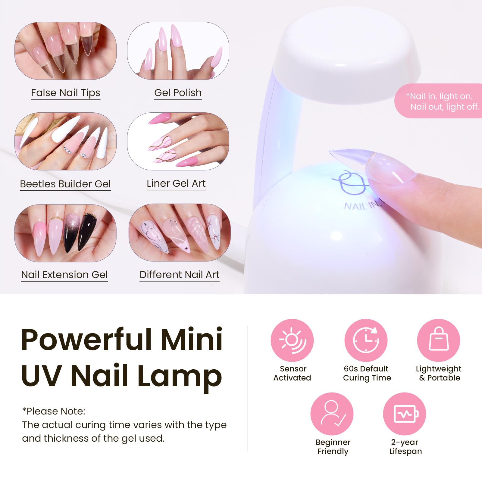 Beetles Tipex mini UV lamp accelerates curing for faster setup.