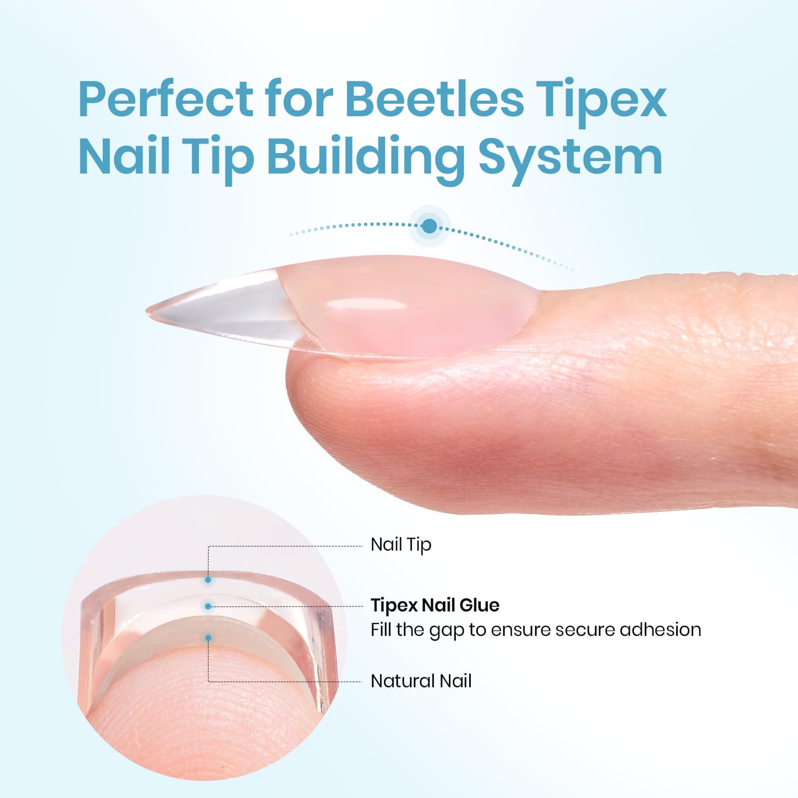 Beetles Tipex Nail Glue 20g application-closeup highlights precise tip placement.