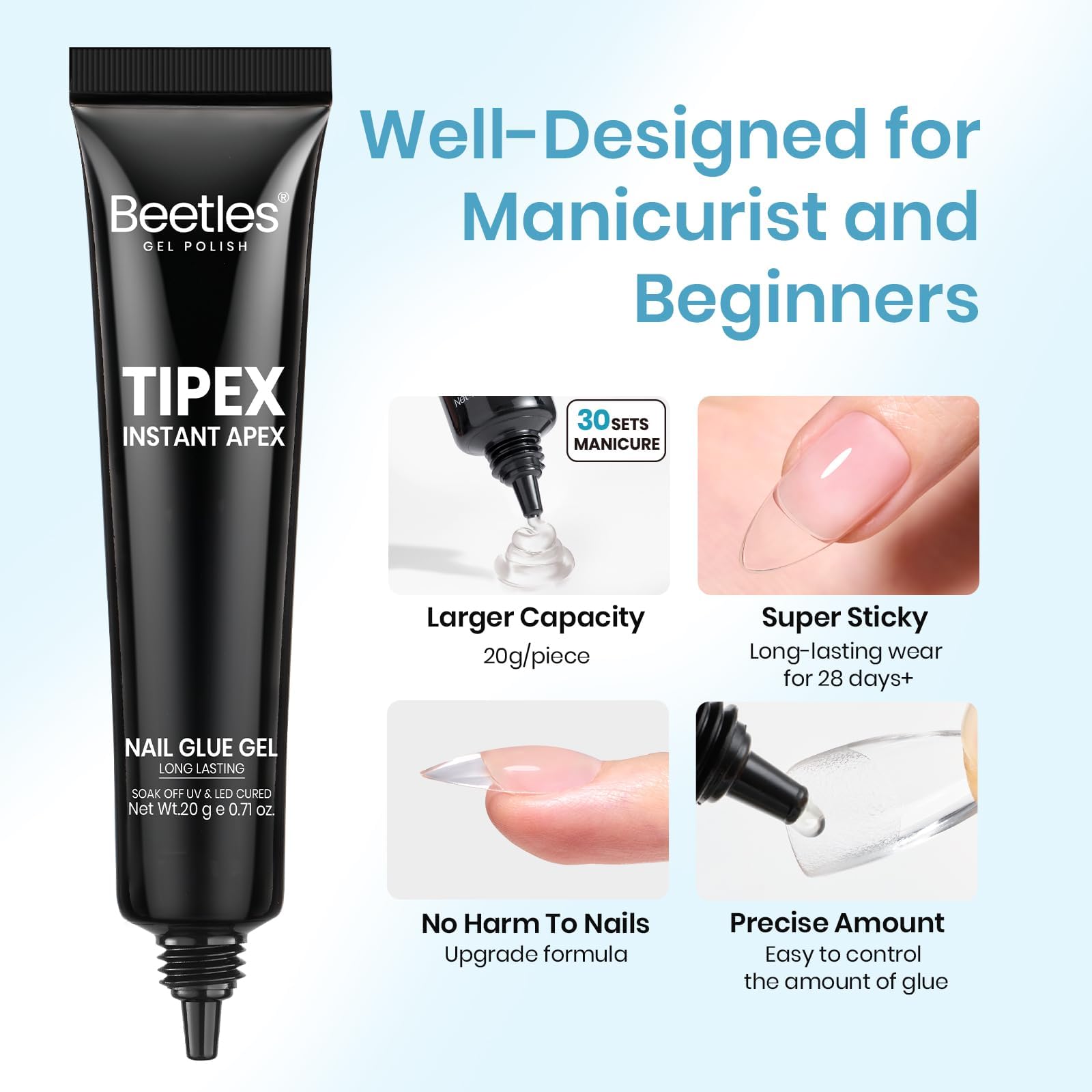 Beetles Tipex Nail Glue 20g no-hand-hold indicates time-saving multi-nail curing at once.