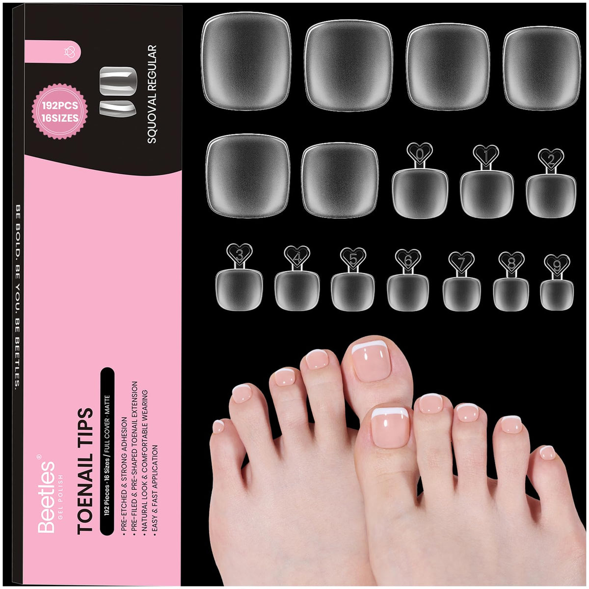 Beetles toe nail tips square set shows 16 sizes for precise fit.